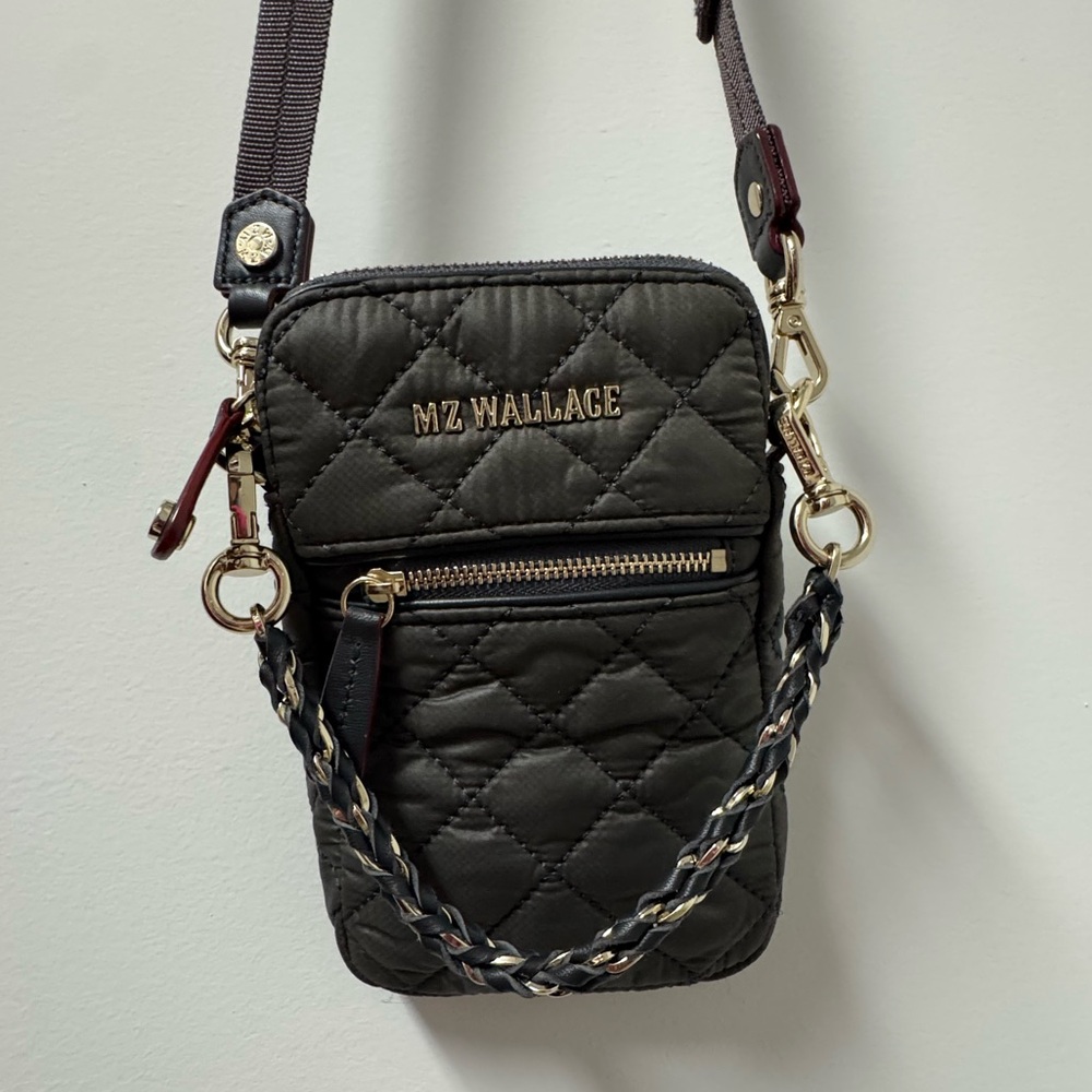 MZ Wallace Quilted Gray Phone Crossbody Quilted Purse Gold Hardware